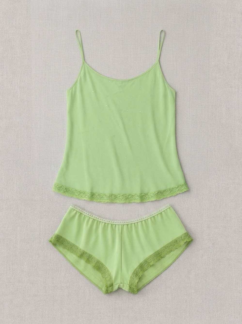 Vintage Y2K Light Green Sheer Lace-Trim Cami & Short Sleep Set